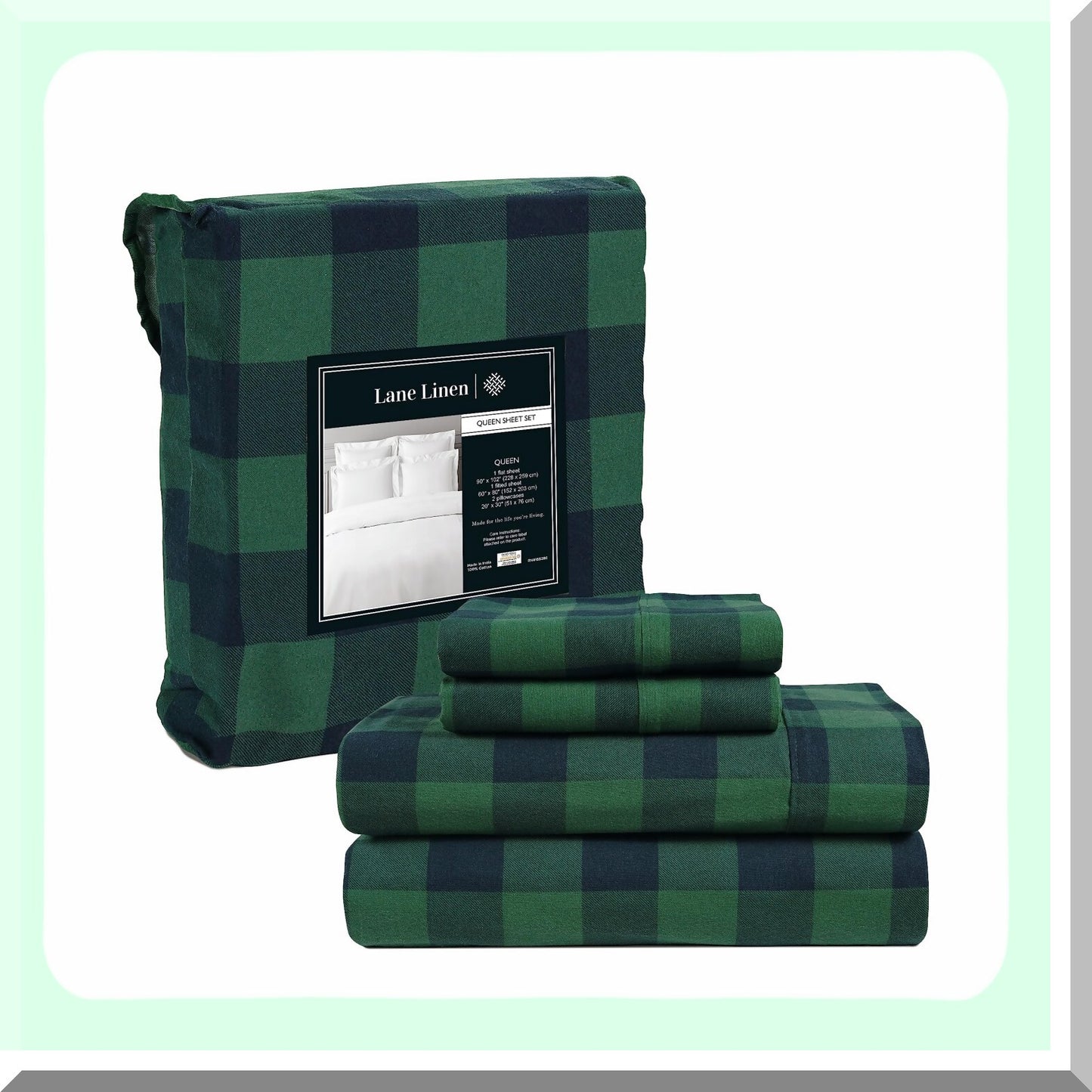 CozyCheck Queen Flannel Sheet Set - 100% Cotton, 4-Piece Luxury Bedding, Lightweight & Warm, Extra Soft Brushed Fabric, Deep Pocket, Buffalo Check Green Pattern