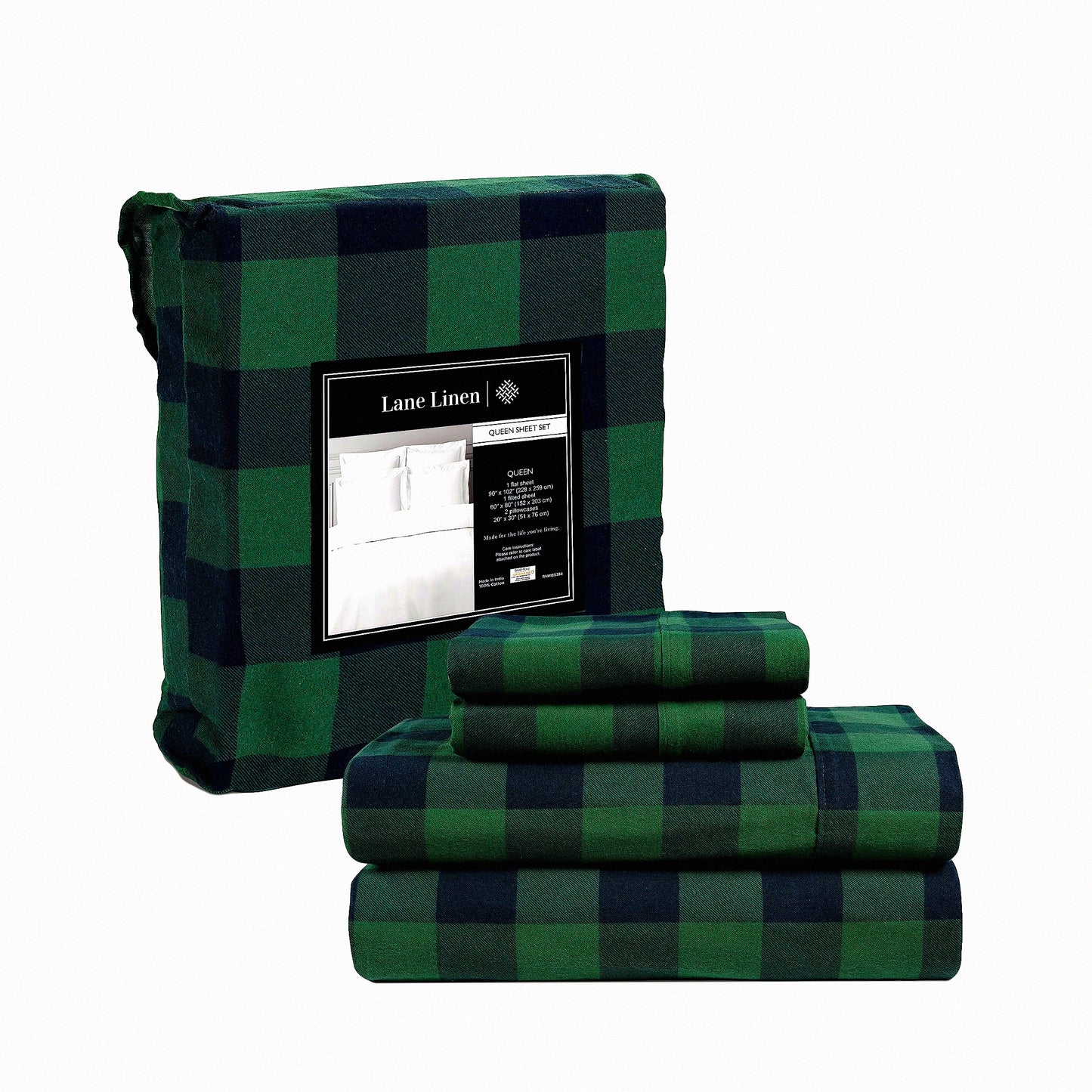 CozyCheck Queen Flannel Sheet Set - 100% Cotton, 4-Piece Luxury Bedding, Lightweight & Warm, Extra Soft Brushed Fabric, Deep Pocket, Buffalo Check Green Pattern