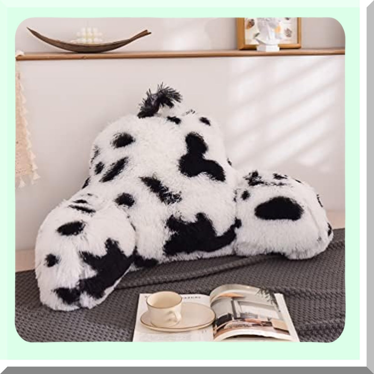 Cozy Lounge Buddy Reading Pillow - Plush Shaggy Bed Rest Cushion with Arms for Adults, Teens, Kids - Large Size - Black and White Pattern
