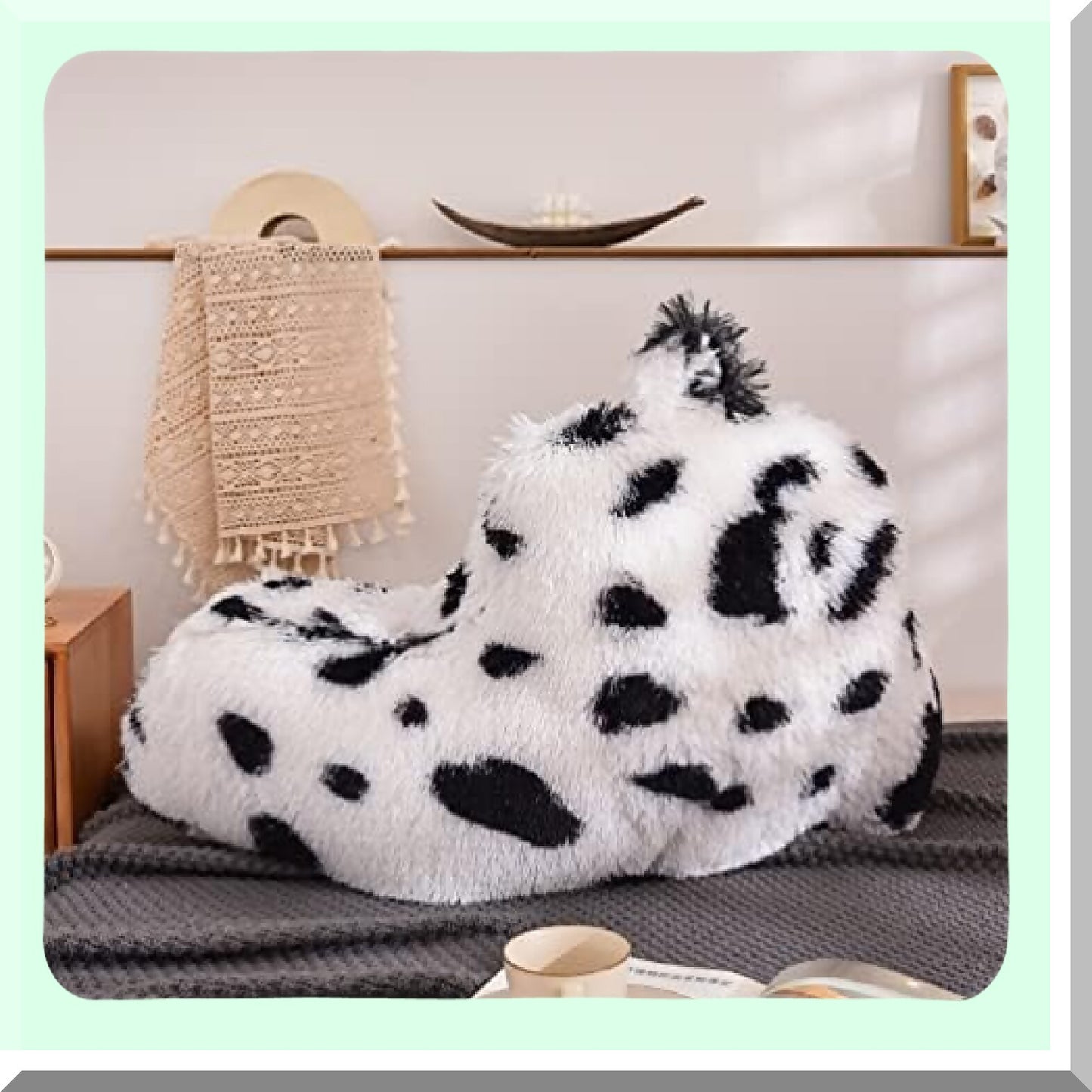 Cozy Lounge Buddy Reading Pillow - Plush Shaggy Bed Rest Cushion with Arms for Adults, Teens, Kids - Large Size - Black and White Pattern