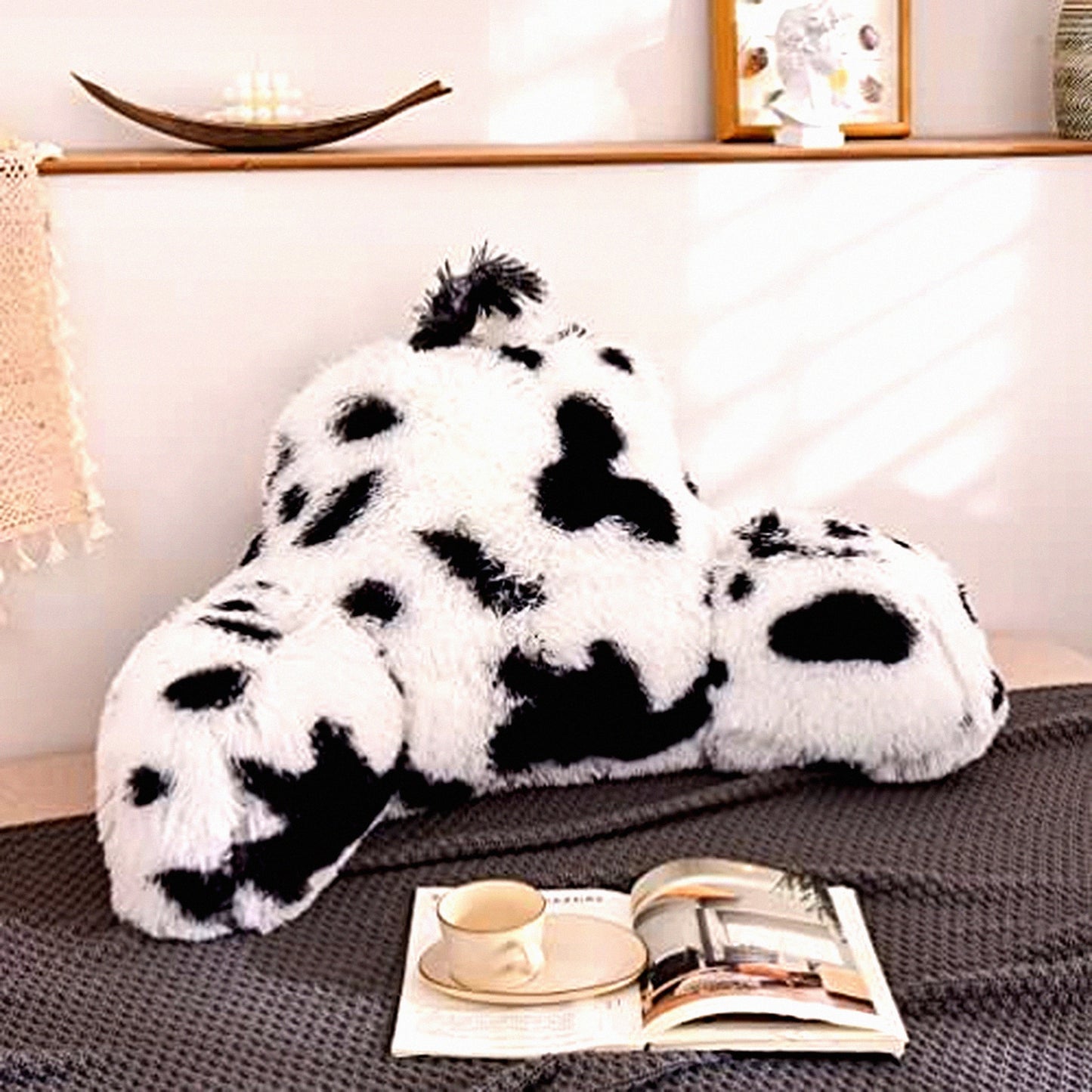 Cozy Lounge Buddy Reading Pillow - Plush Shaggy Bed Rest Cushion with Arms for Adults, Teens, Kids - Large Size - Black and White Pattern