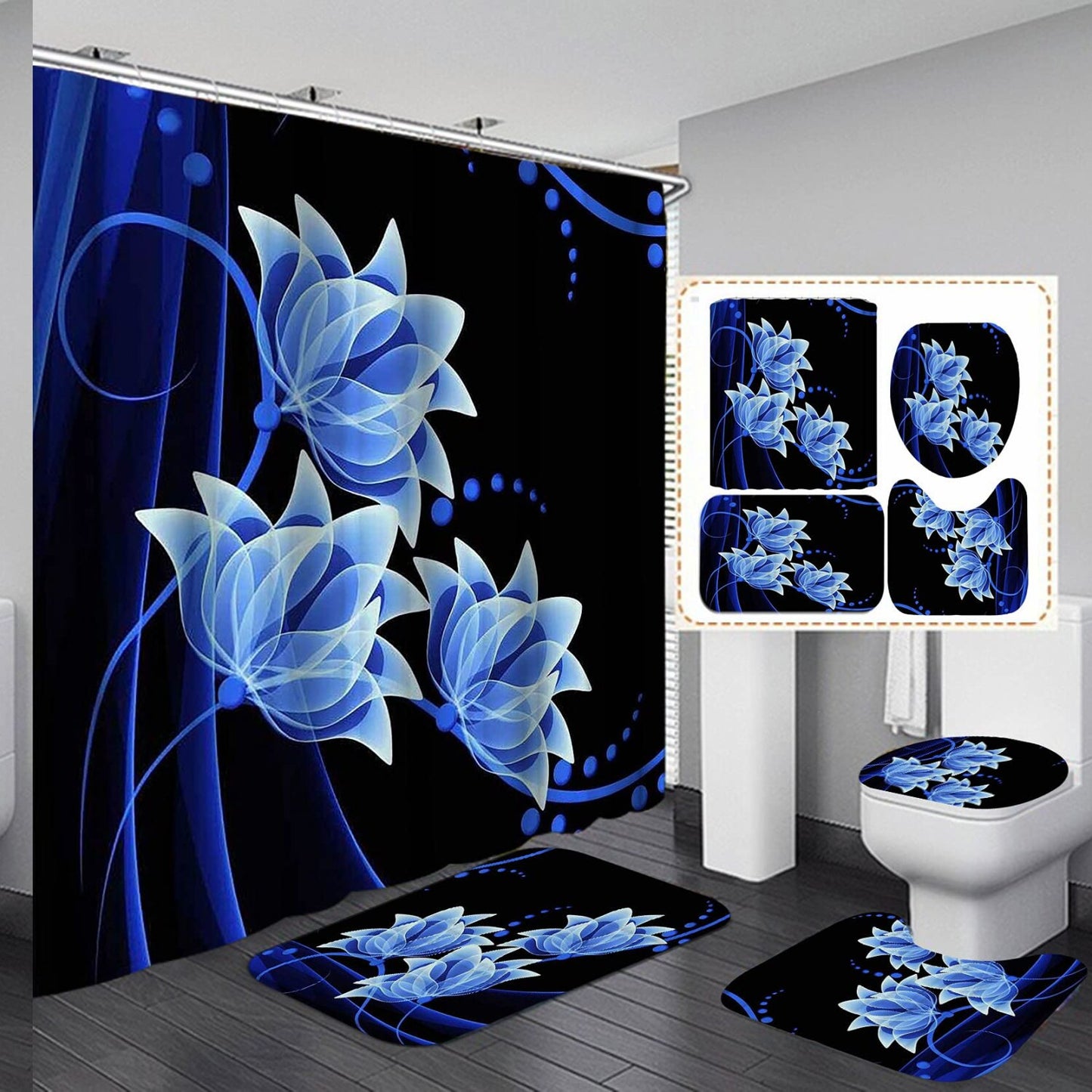 4PCS Blue Floral Shower Curtain Set with Bath Mats