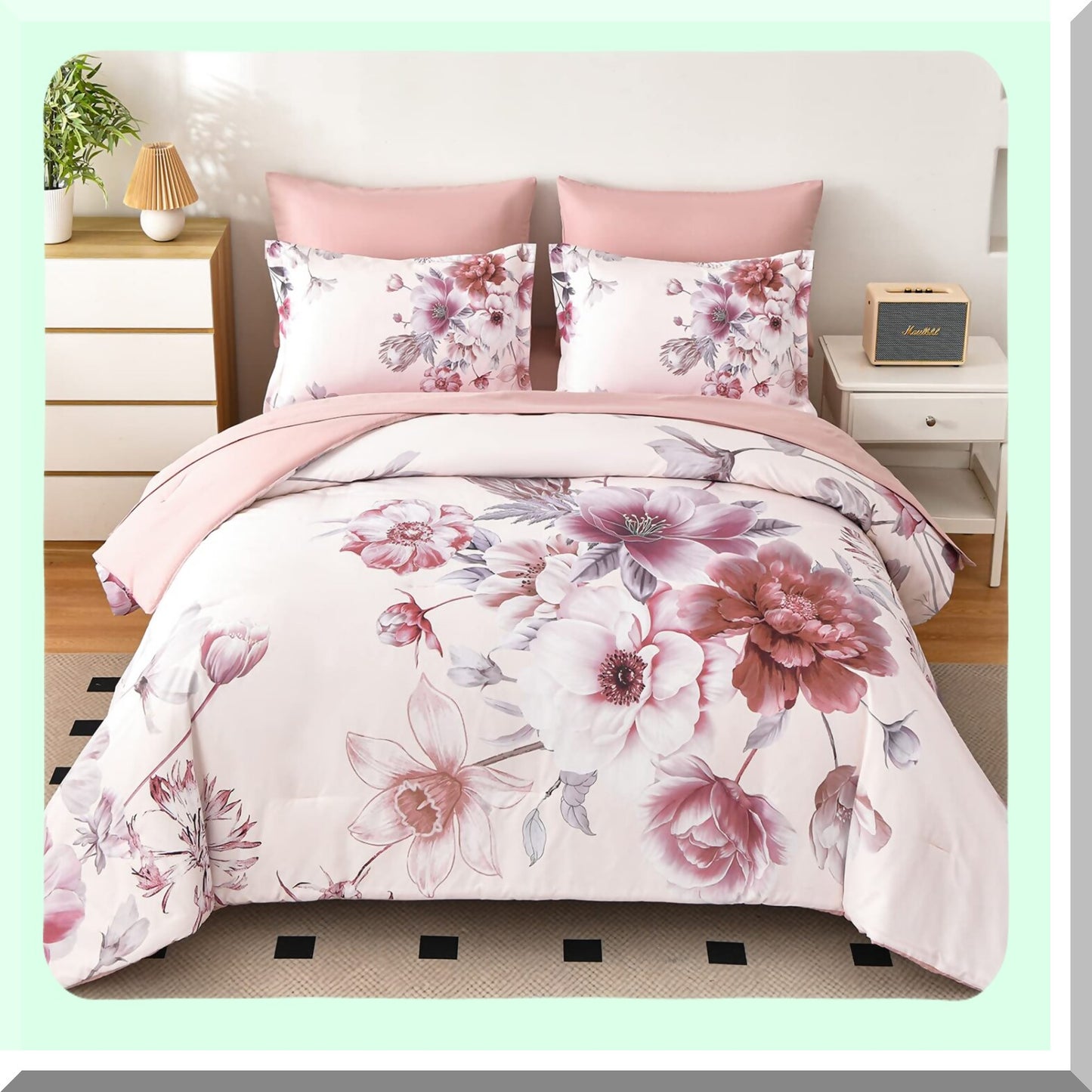 Botanical Bliss 7-Piece Queen Size Floral Comforter Set - Pink Bedding Bundle with Ultra Soft Microfiber Sheets - Lightweight All Season Bed Comforter Set