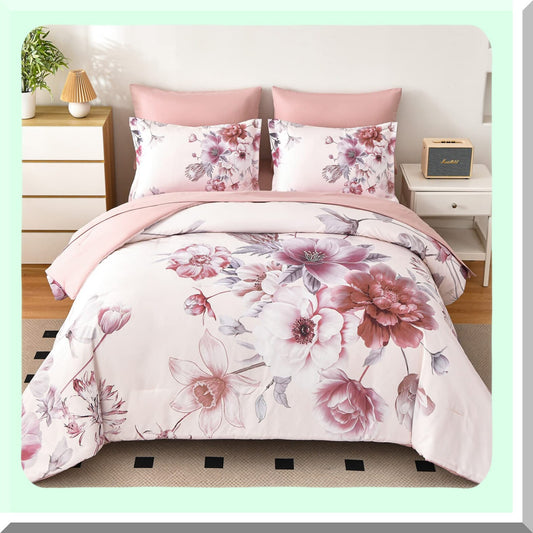 Botanical Bliss 7-Piece Queen Size Floral Comforter Set - Pink Bedding Bundle with Ultra Soft Microfiber Sheets - Lightweight All Season Bed Comforter Set