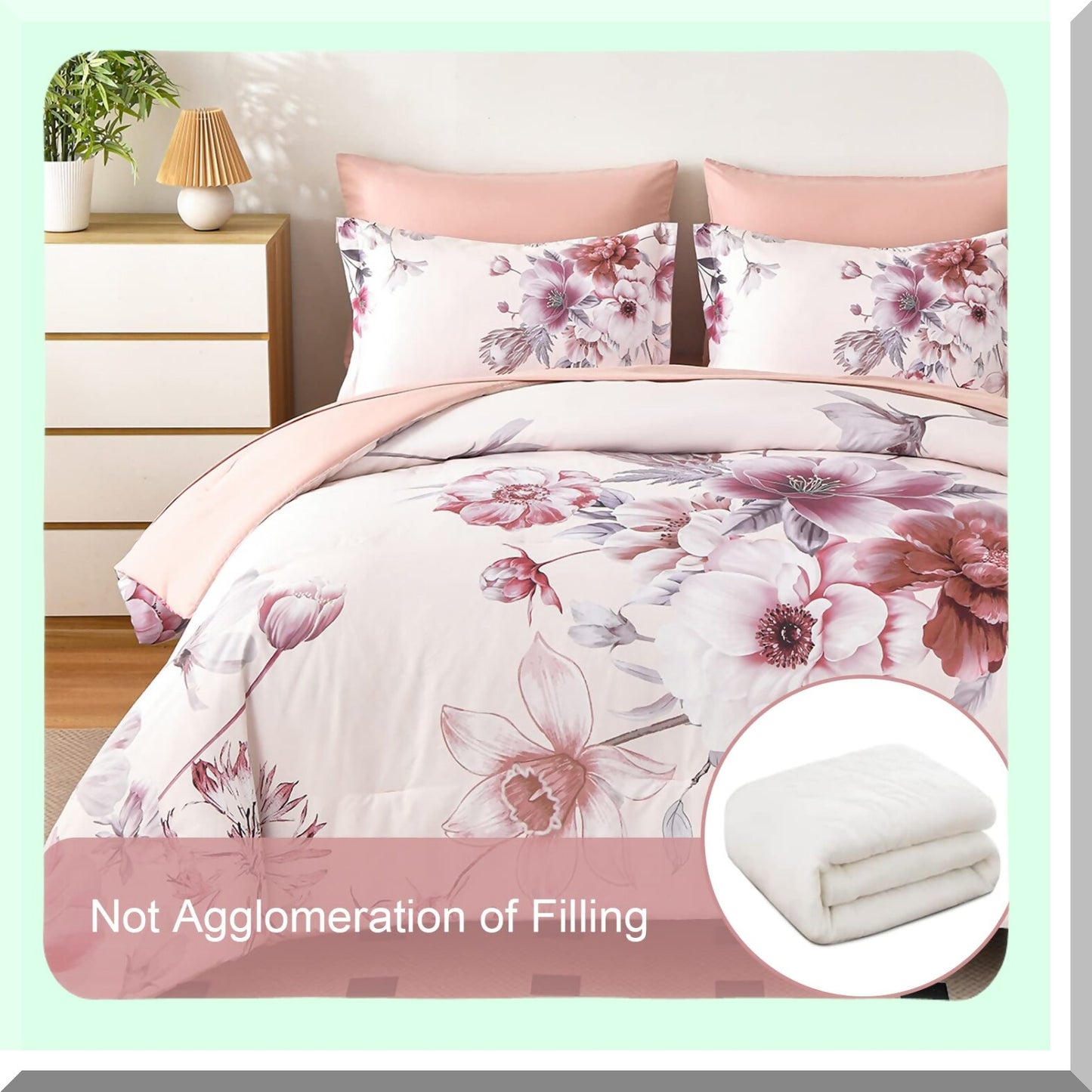 Botanical Bliss 7-Piece Queen Size Floral Comforter Set - Pink Bedding Bundle with Ultra Soft Microfiber Sheets - Lightweight All Season Bed Comforter Set