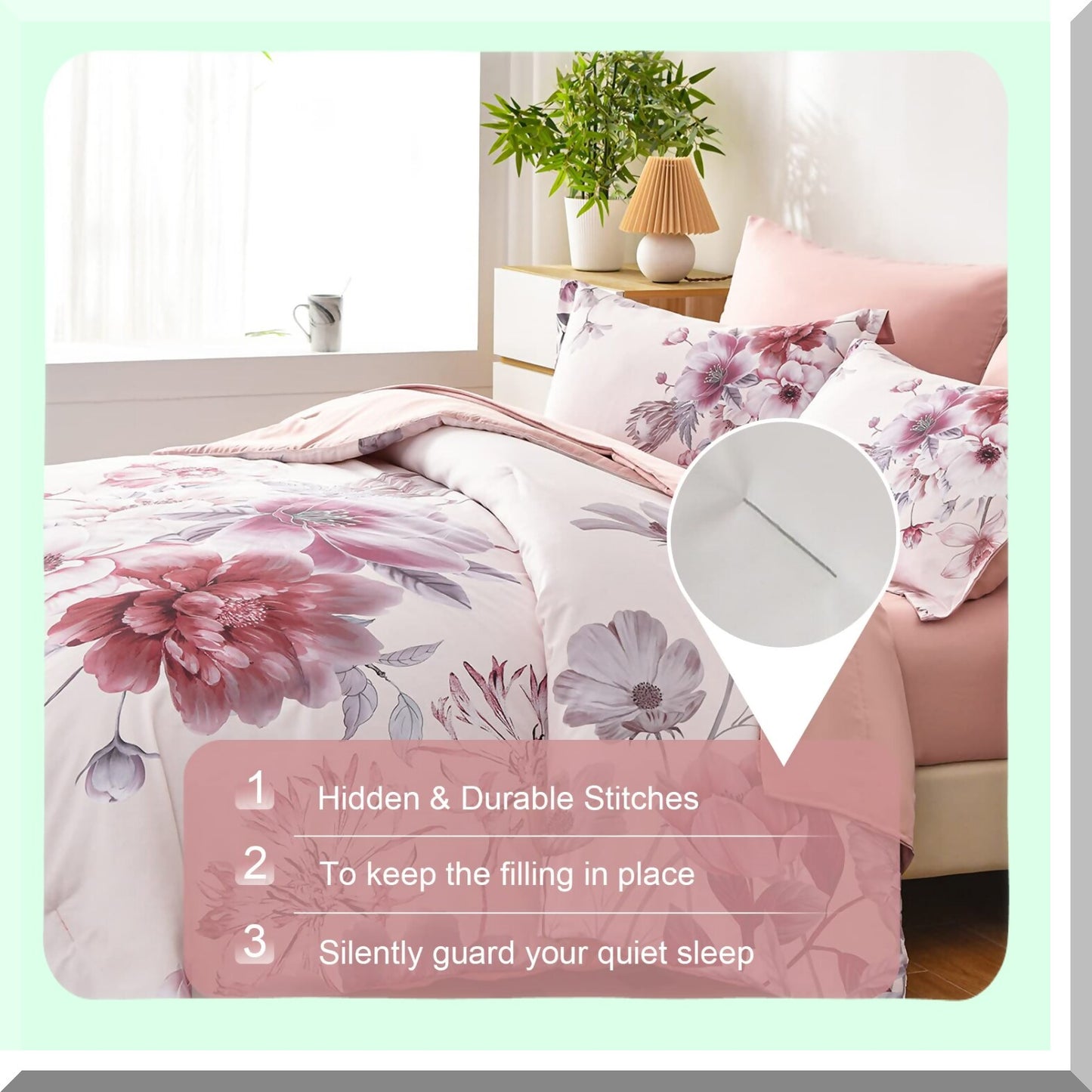 Botanical Bliss 7-Piece Queen Size Floral Comforter Set - Pink Bedding Bundle with Ultra Soft Microfiber Sheets - Lightweight All Season Bed Comforter Set