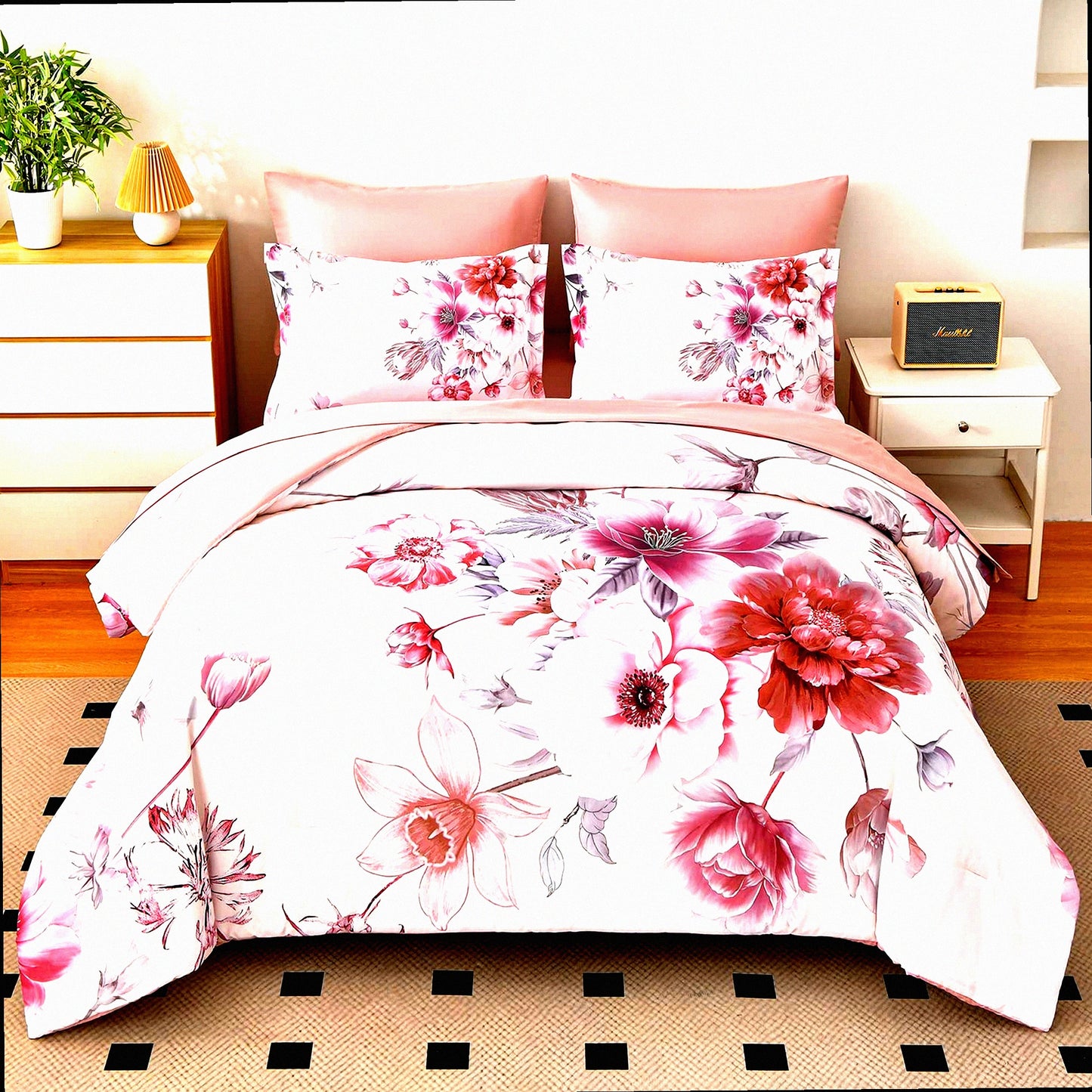Botanical Bliss 7-Piece Queen Size Floral Comforter Set - Pink Bedding Bundle with Ultra Soft Microfiber Sheets - Lightweight All Season Bed Comforter Set