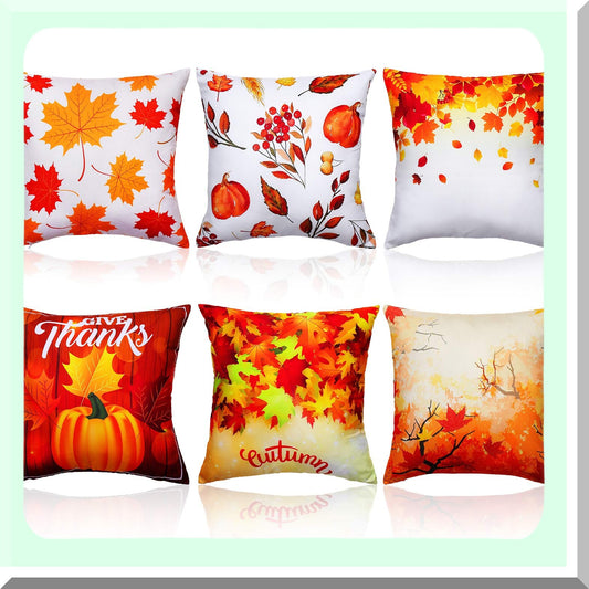 Autumn Maple Leaves Decorative Pillow Covers - Set of 6 | Fall Theme Throw Cushion Cases for Sofa Bed | Thanksgiving Linen 18x18 Inch