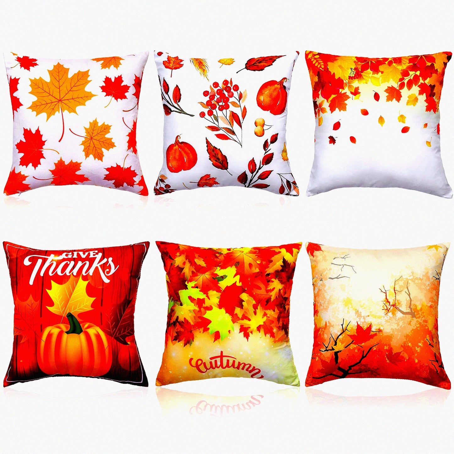 Autumn Maple Leaves Decorative Pillow Covers - Set of 6 | Fall Theme Throw Cushion Cases for Sofa Bed | Thanksgiving Linen 18x18 Inch