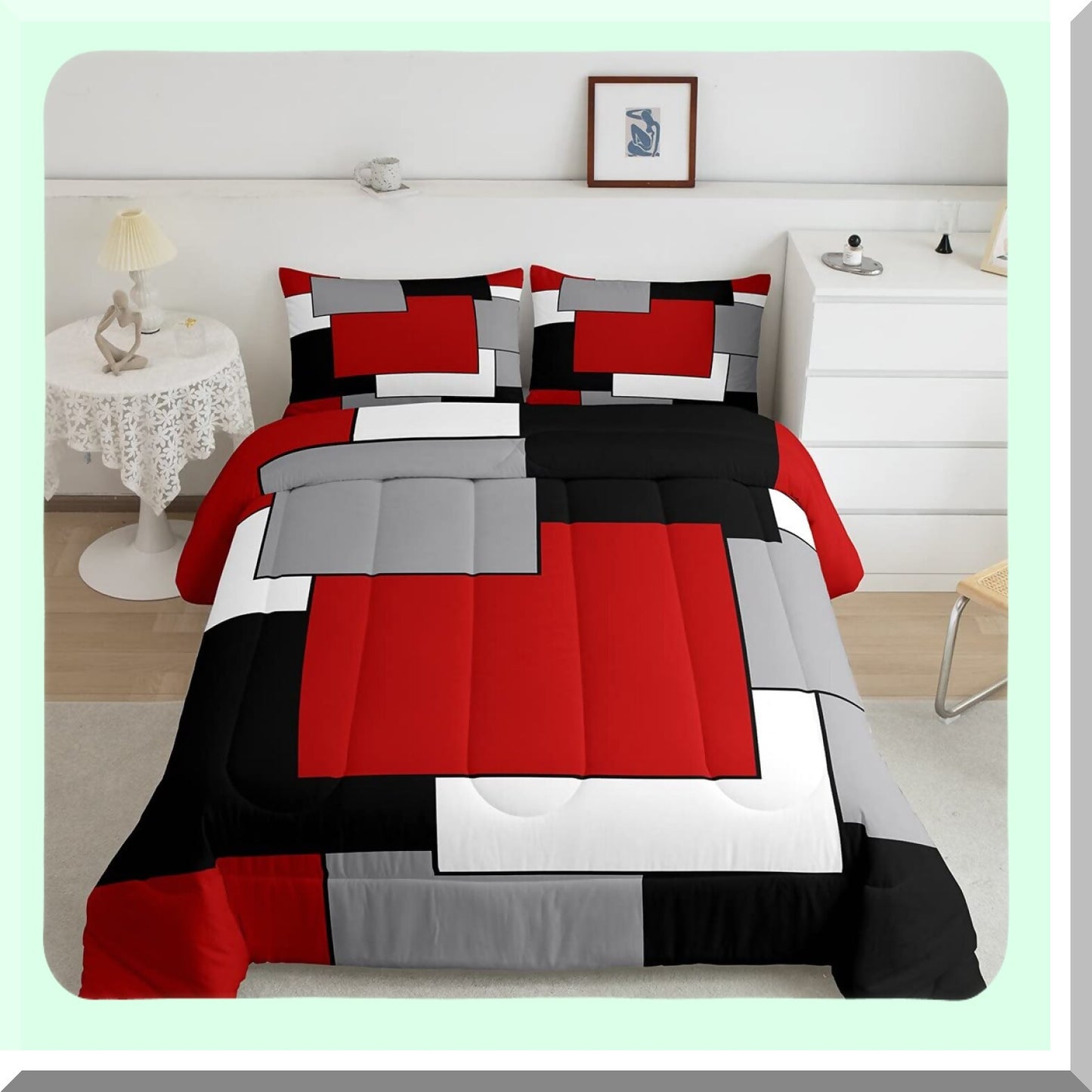 Square Grid Comforter Set - Modern Geometric Quilt Bedding for Queen Size Bed - Red Grey Black White 3D Patchwork Down Comforter with Ultra Soft Pillowcases for Men and Women