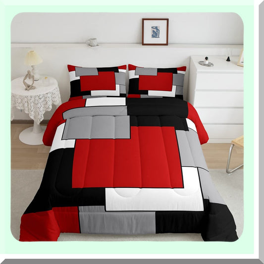 Square Grid Comforter Set - Modern Geometric Quilt Bedding for Queen Size Bed - Red Grey Black White 3D Patchwork Down Comforter with Ultra Soft Pillowcases for Men and Women