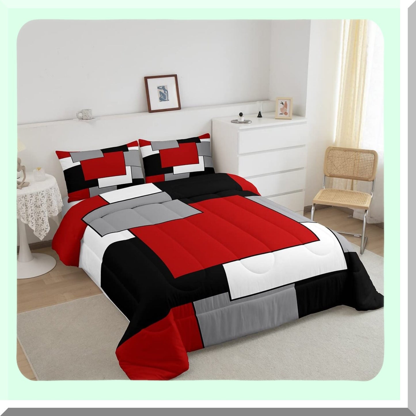 Square Grid Comforter Set - Modern Geometric Quilt Bedding for Queen Size Bed - Red Grey Black White 3D Patchwork Down Comforter with Ultra Soft Pillowcases for Men and Women