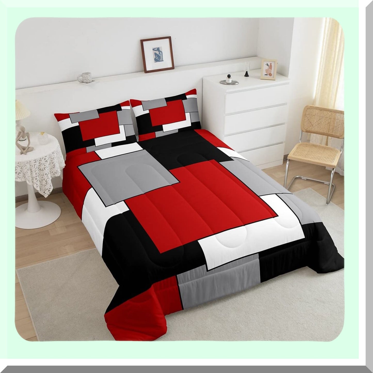 Square Grid Comforter Set - Modern Geometric Quilt Bedding for Queen Size Bed - Red Grey Black White 3D Patchwork Down Comforter with Ultra Soft Pillowcases for Men and Women