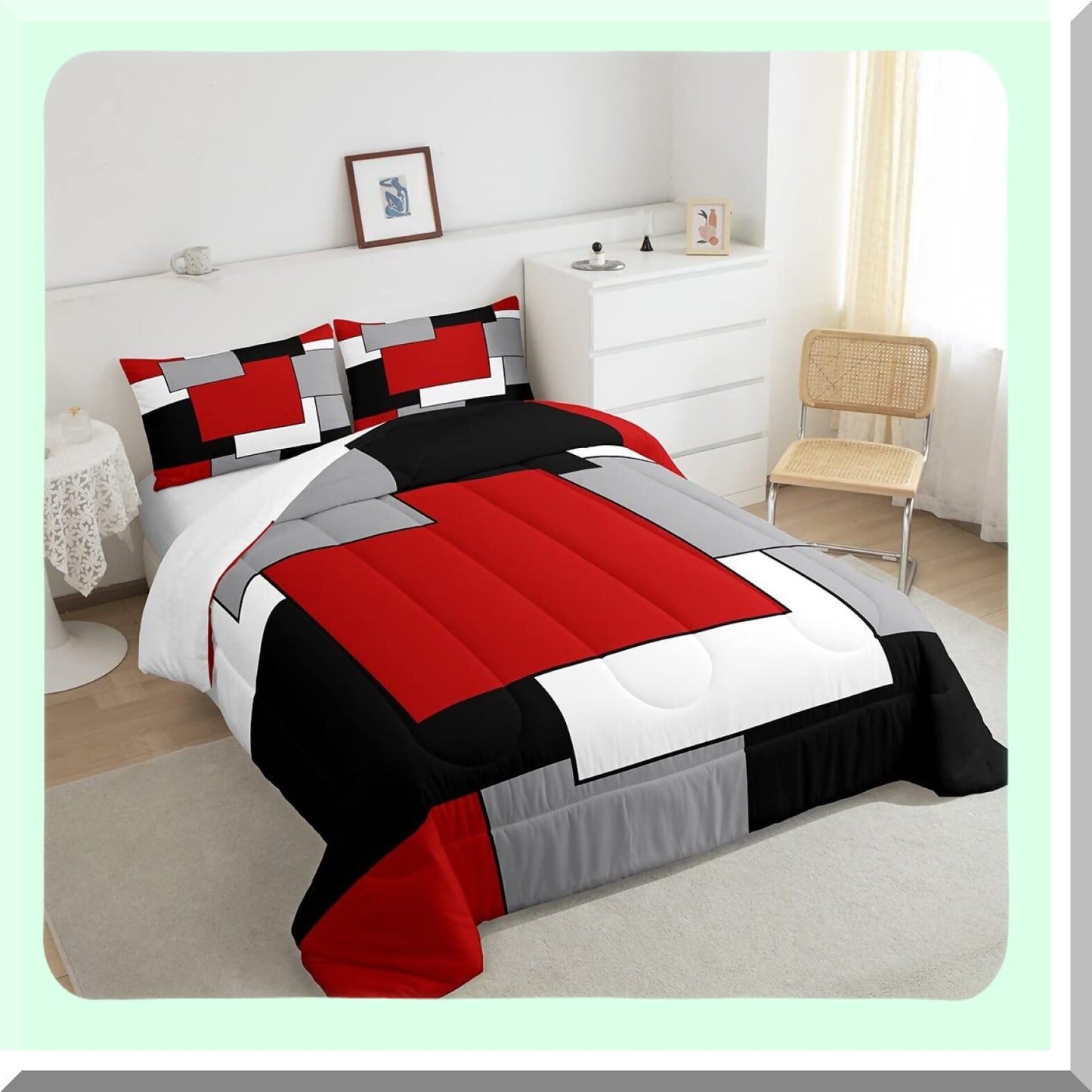 Square Grid Comforter Set - Modern Geometric Quilt Bedding for Queen Size Bed - Red Grey Black White 3D Patchwork Down Comforter with Ultra Soft Pillowcases for Men and Women