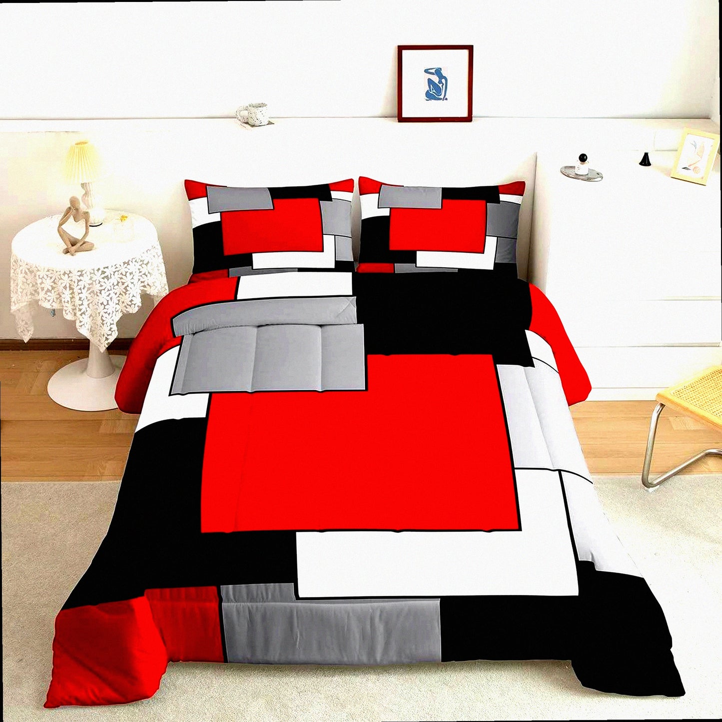 Square Grid Comforter Set - Modern Geometric Quilt Bedding for Queen Size Bed - Red Grey Black White 3D Patchwork Down Comforter with Ultra Soft Pillowcases for Men and Women
