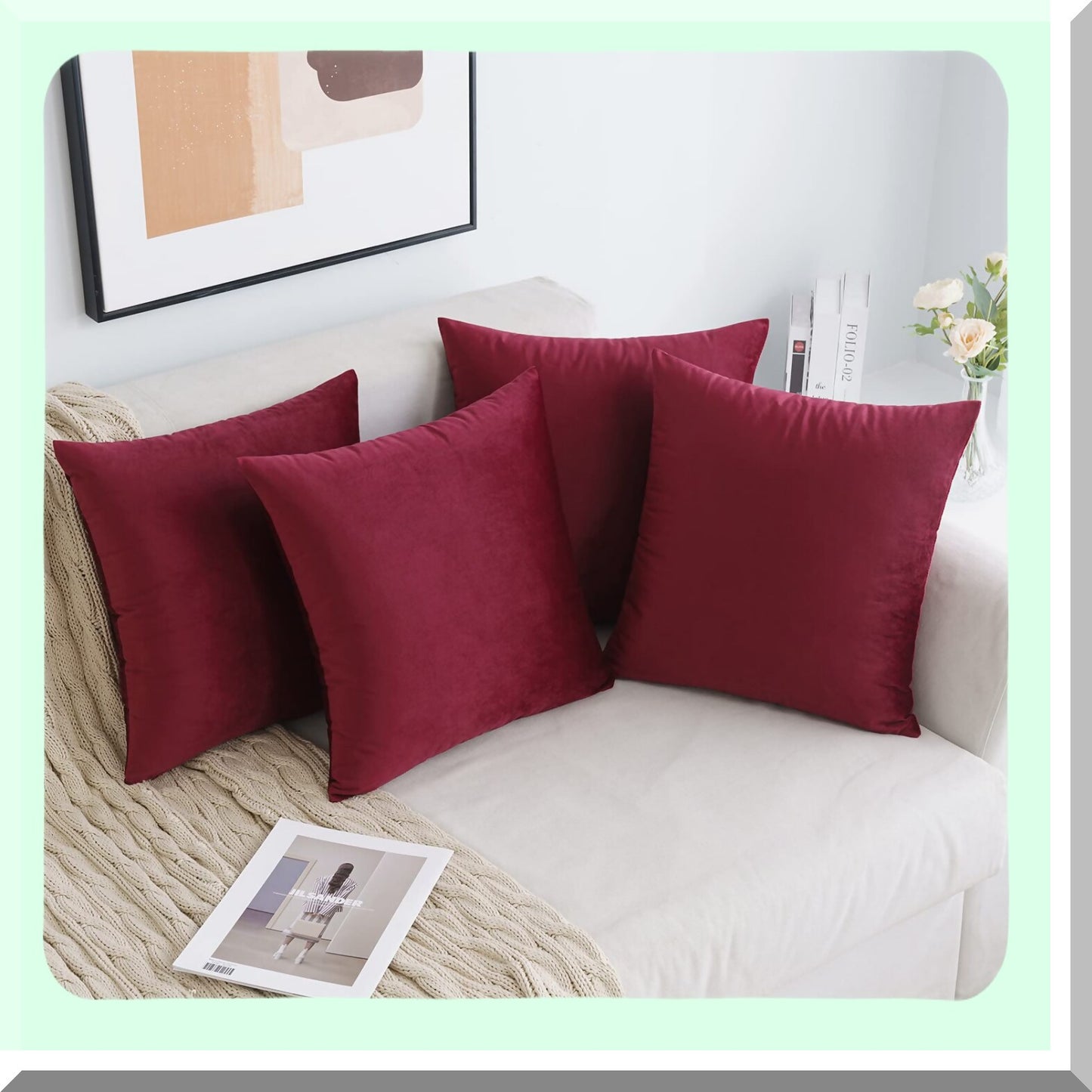 Luxury Velvet Wine Red Pillow Covers - Set of 4 | Soft Cozy Decorative Cushion Cases for Couch, Sofa, Bedroom & Living Room | 18x18 Inch Solid Color