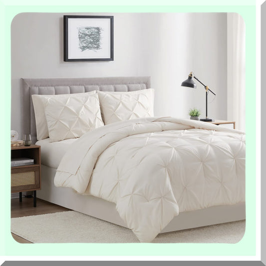 Luxury Pleat Quilted Ivory Comforter Set - 8 Piece Oversized Microfiber Bedding Bundle for Full Size Beds. Soft, Warm, and Cozy!