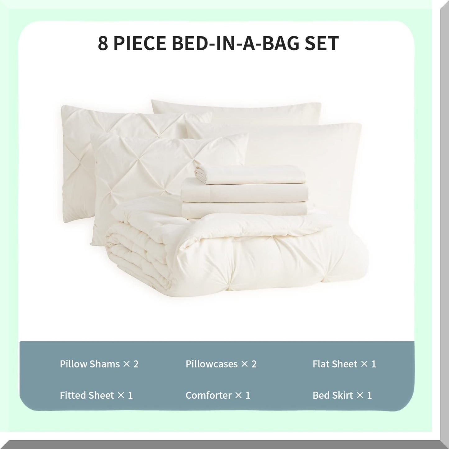 Luxury Pleat Quilted Ivory Comforter Set - 8 Piece Oversized Microfiber Bedding Bundle for Full Size Beds. Soft, Warm, and Cozy!