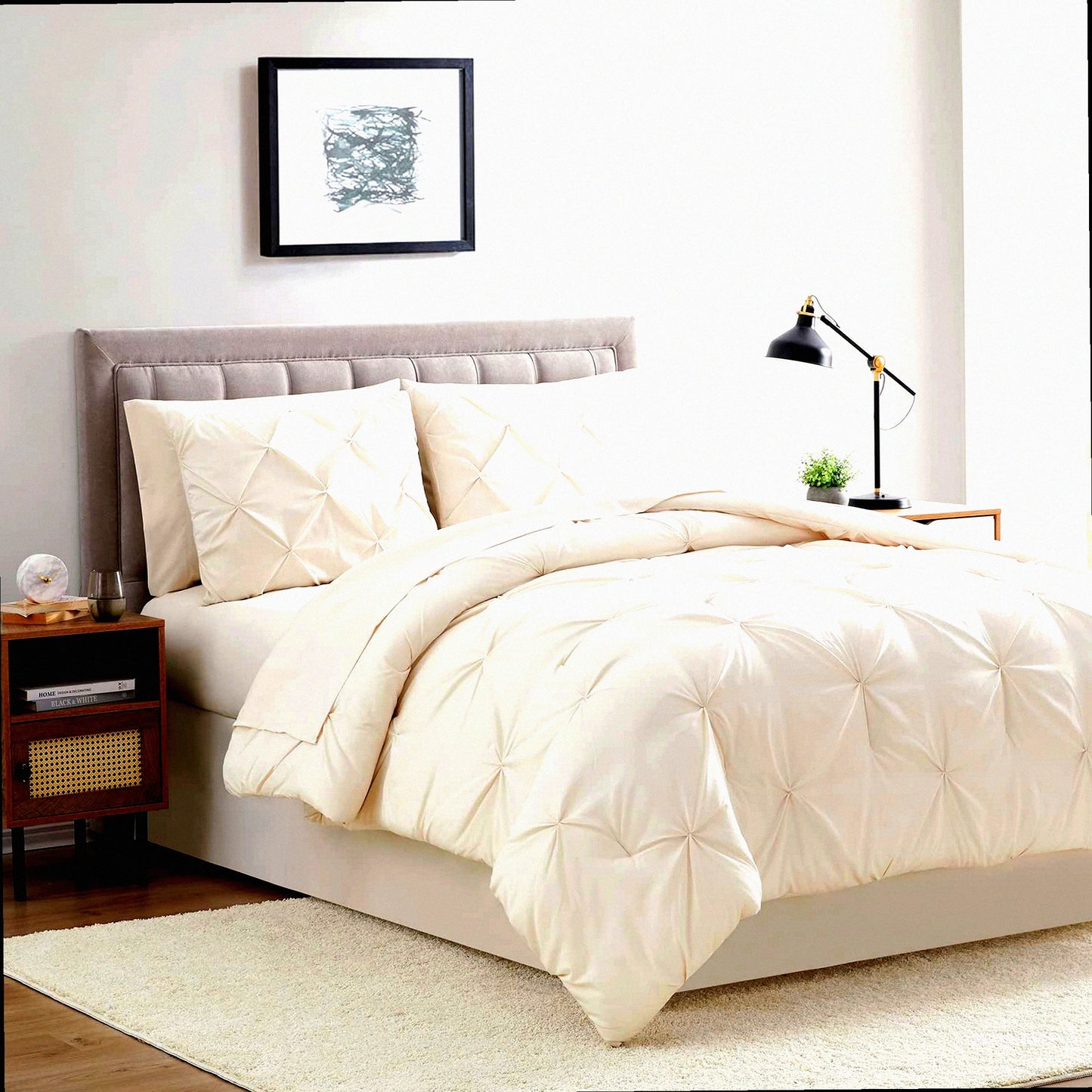 Luxury Pleat Quilted Ivory Comforter Set - 8 Piece Oversized Microfiber Bedding Bundle for Full Size Beds. Soft, Warm, and Cozy!