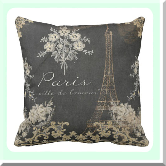 Vintage Paris Love Eiffel Tower Chalkboard Pillowcase - Black Tan Antique Decor Square 16x16 Inch Home Decor Cover