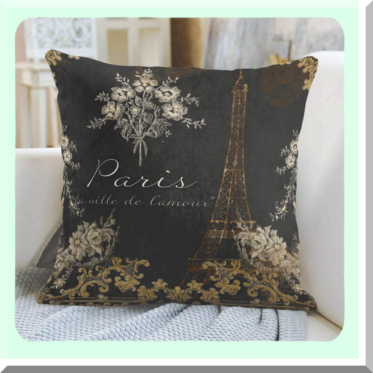 Vintage Paris Love Eiffel Tower Chalkboard Pillowcase - Black Tan Antique Decor Square 16x16 Inch Home Decor Cover