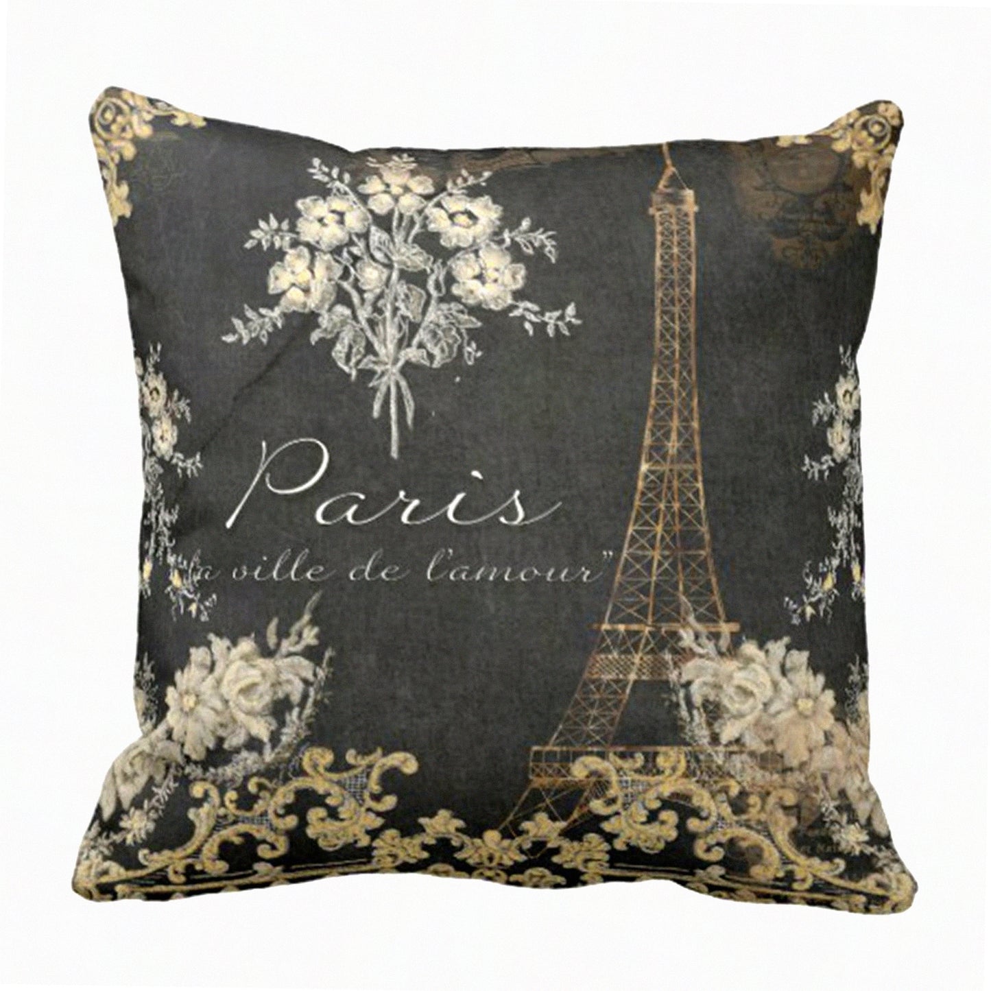 Vintage Paris Love Eiffel Tower Chalkboard Pillowcase - Black Tan Antique Decor Square 16x16 Inch Home Decor Cover