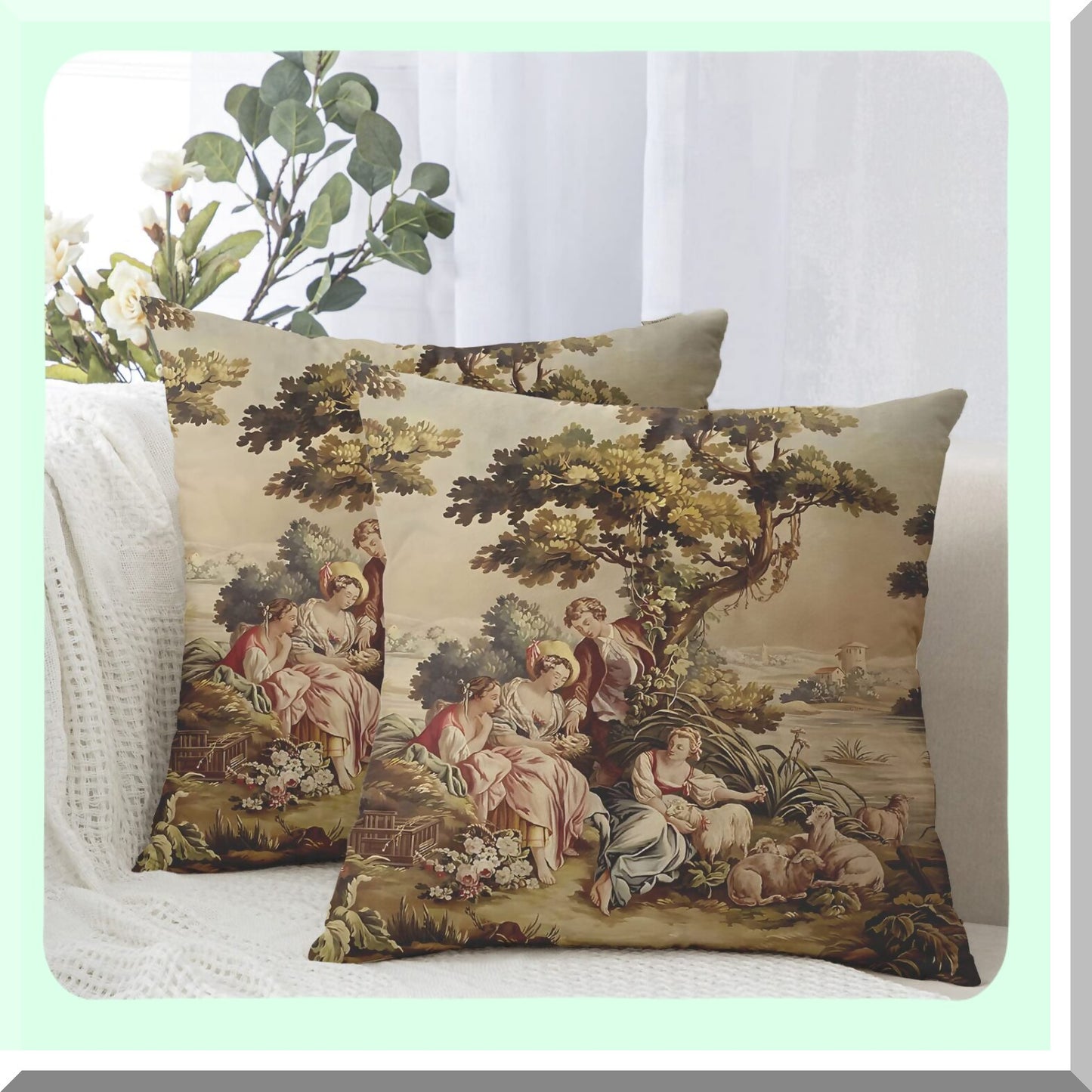 Vintage Aubusson Decorative Pillow Covers - Set of 2 Antique Brown Euro Shabby Chic Couch Cushion Cases for Sofa & Bedroom - 20x20 Inches - Victorian Home Decor
