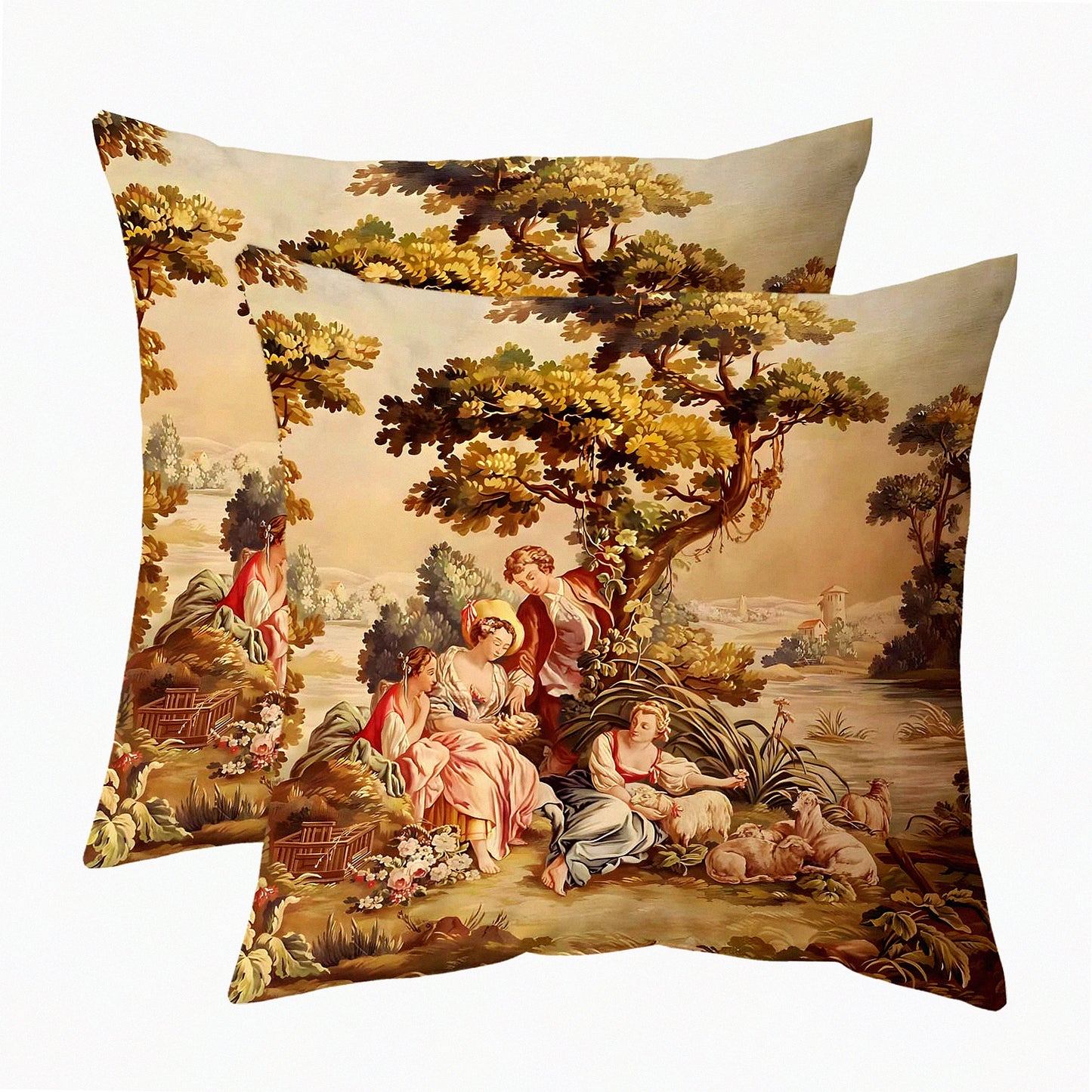 Vintage Aubusson Decorative Pillow Covers - Set of 2 Antique Brown Euro Shabby Chic Couch Cushion Cases for Sofa & Bedroom - 20x20 Inches - Victorian Home Decor