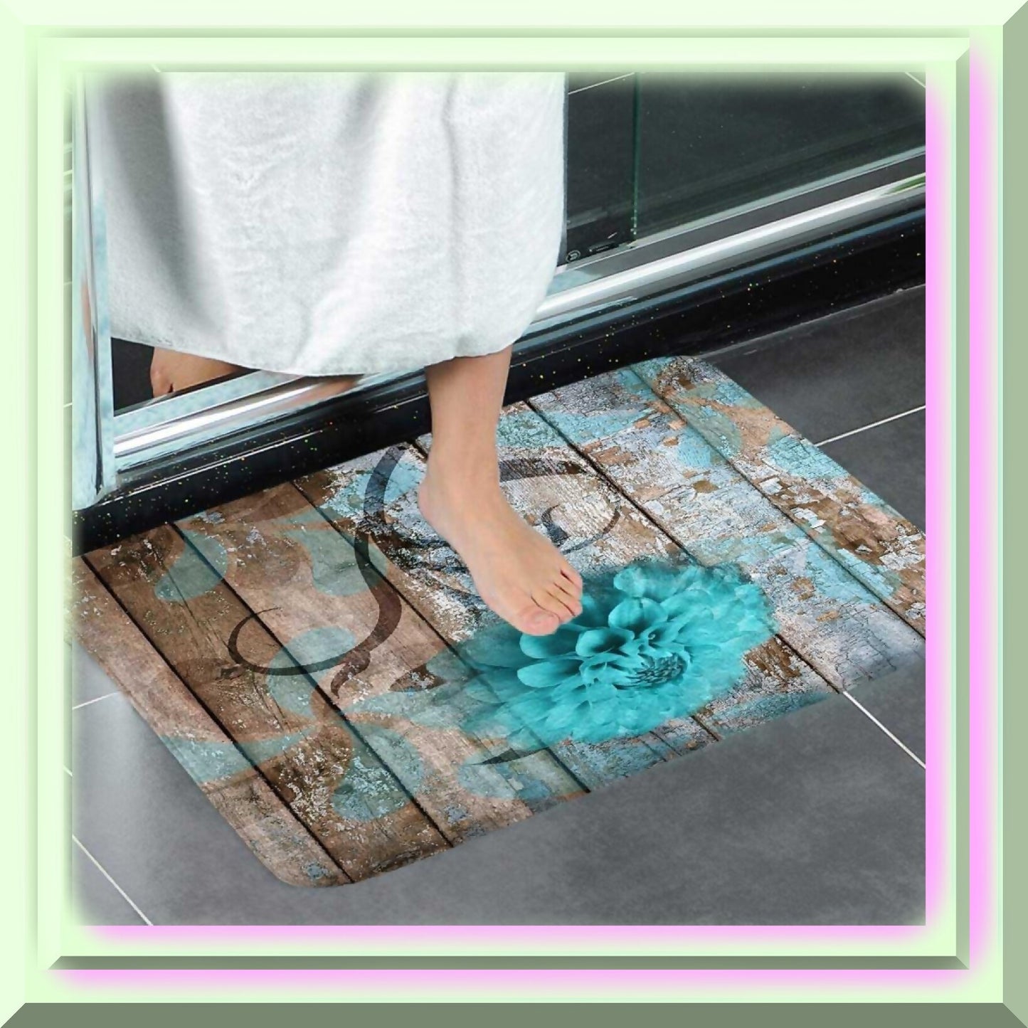 Farmhouse Floral Teal Bath Mat 17x29