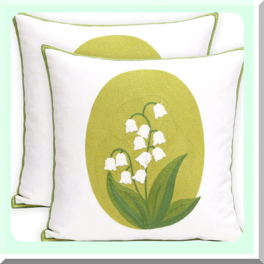 Floral Farmhouse Embroidered Pillowcase Set - Lily of The Valley Decorative Throw Pillow Cover 18x18 Inch for Living Room Sofa Bed - Pack of 2
