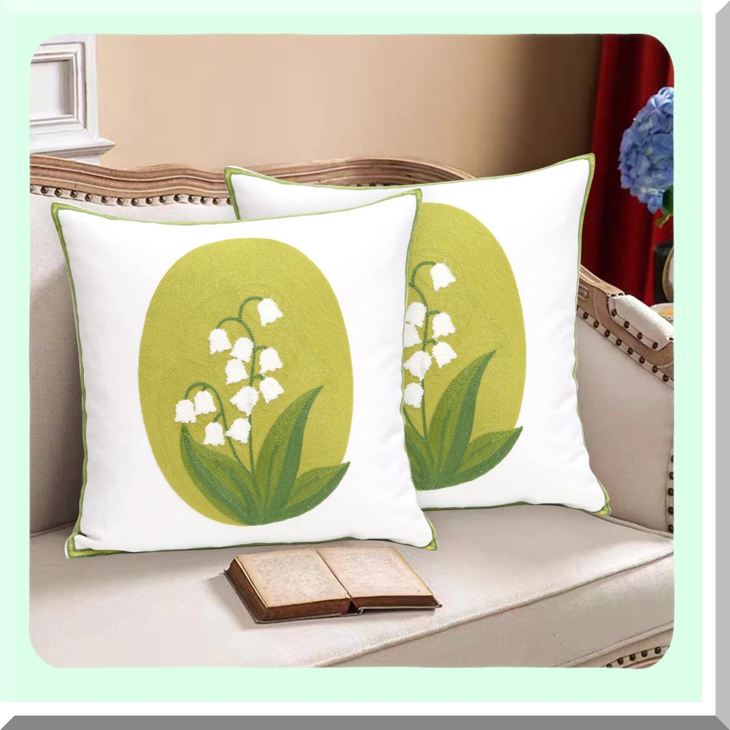Floral Farmhouse Embroidered Pillowcase Set - Lily of The Valley Decorative Throw Pillow Cover 18x18 Inch for Living Room Sofa Bed - Pack of 2