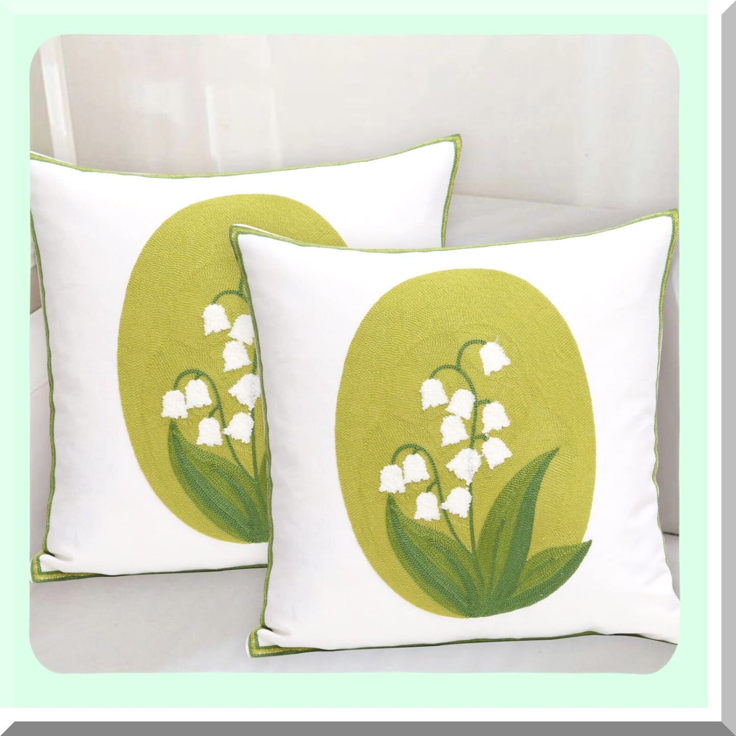 Floral Farmhouse Embroidered Pillowcase Set - Lily of The Valley Decorative Throw Pillow Cover 18x18 Inch for Living Room Sofa Bed - Pack of 2