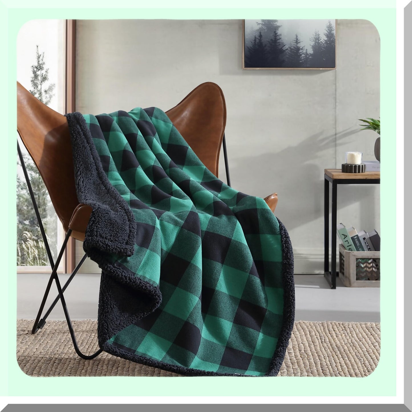 CozyPlaid Reversible Sherpa Flannel Throw Blanket - All-Season Green/Black Buffalo Plaid Home Decor