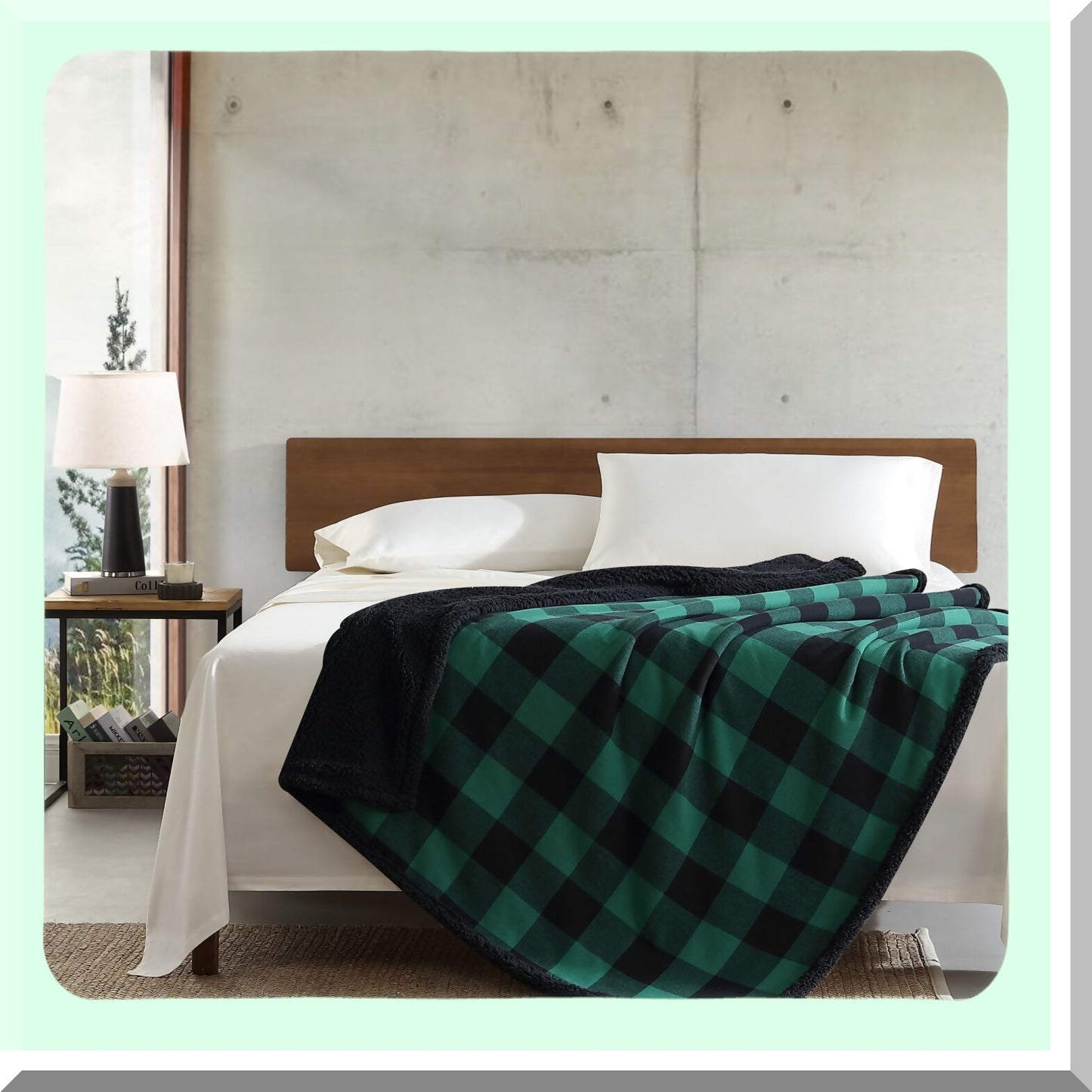 CozyPlaid Reversible Sherpa Flannel Throw Blanket - All-Season Green/Black Buffalo Plaid Home Decor