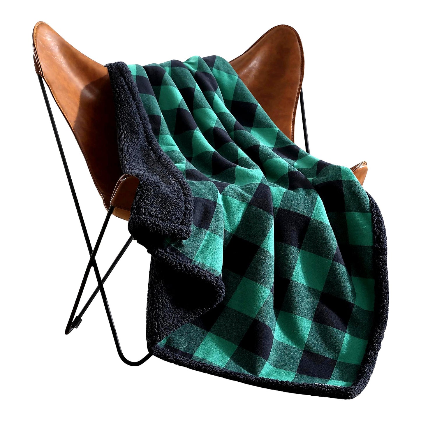 CozyPlaid Reversible Sherpa Flannel Throw Blanket - All-Season Green/Black Buffalo Plaid Home Decor