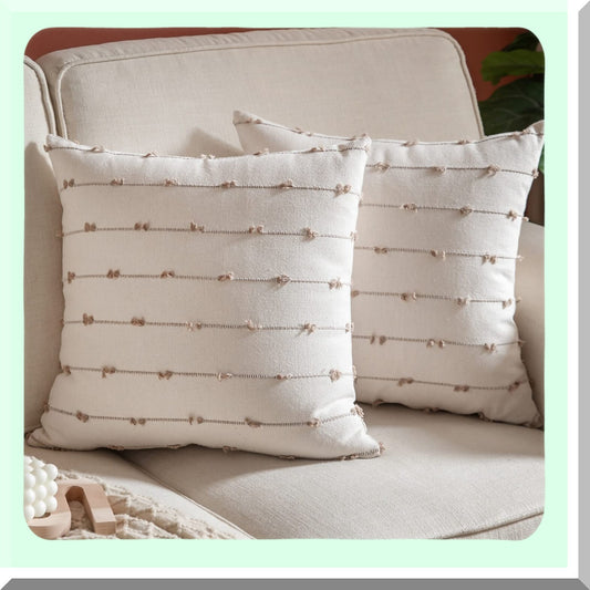 Natural Linen Boho Farmhouse Pillow Covers - Set of 2, 20x20 Inches Decorative Cushion Cases for Couch & Bed, Modern Living Room Decor in Beige