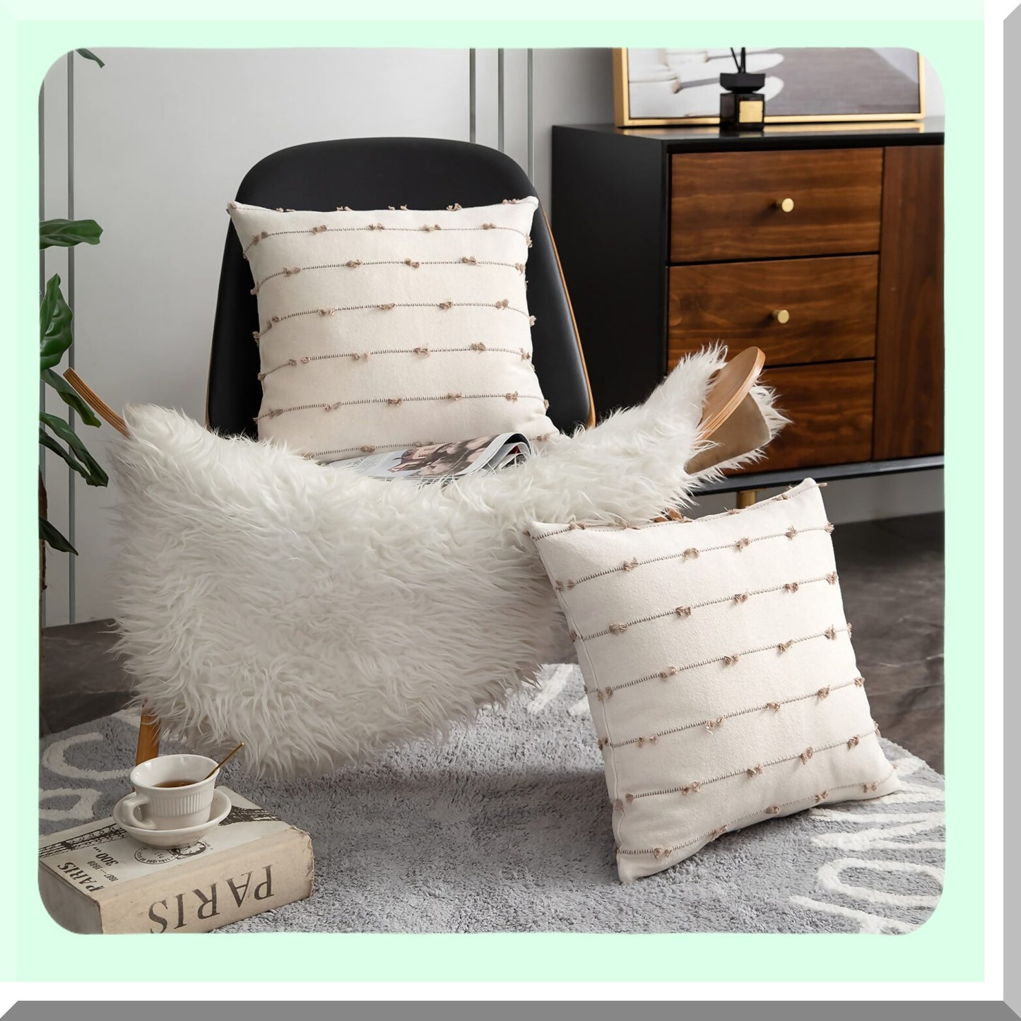 Natural Linen Boho Farmhouse Pillow Covers - Set of 2, 20x20 Inches Decorative Cushion Cases for Couch & Bed, Modern Living Room Decor in Beige