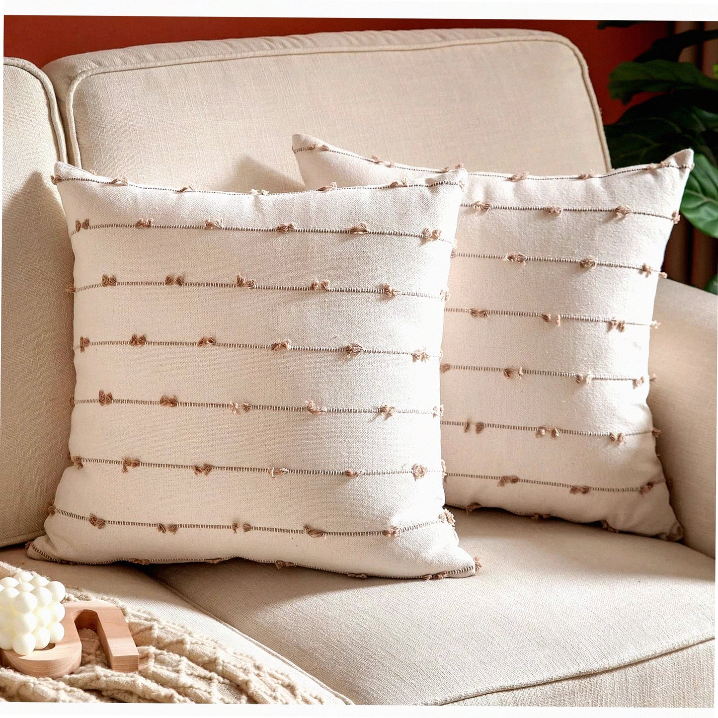 Natural Linen Boho Farmhouse Pillow Covers - Set of 2, 20x20 Inches Decorative Cushion Cases for Couch & Bed, Modern Living Room Decor in Beige