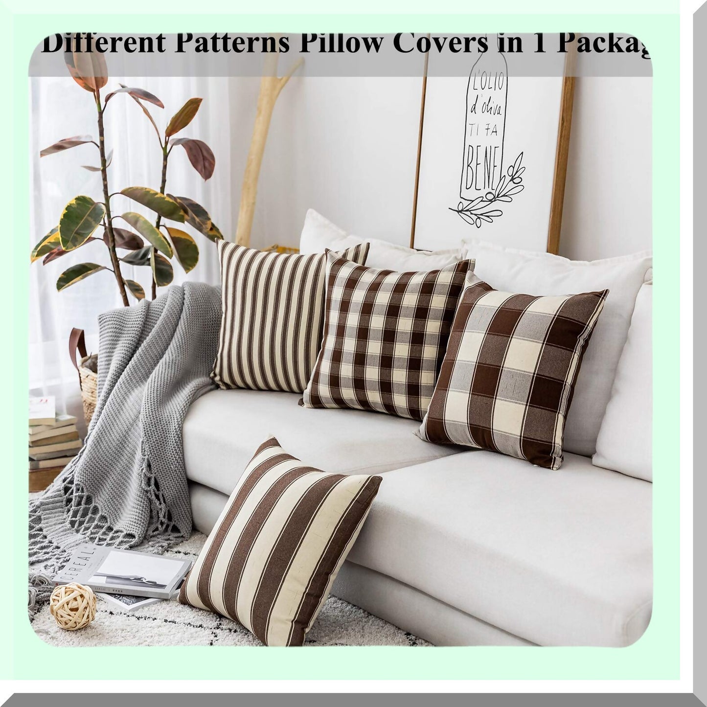 Farmhouse Boho Cocoa Brown Cream Pillow Cover Set - 18x18 inches (Set of 5)