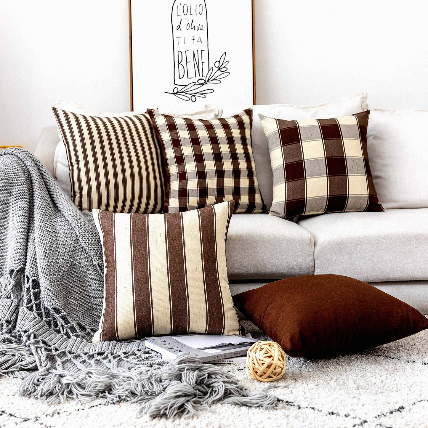 Farmhouse Boho Cocoa Brown Cream Pillow Cover Set - 18x18 inches (Set of 5)