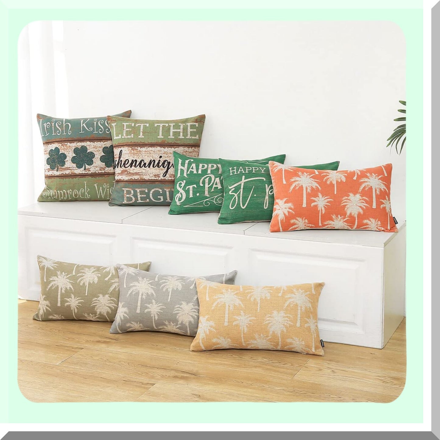 Coastal Palm Tree Lumbar Pillow Cover - Vintage Decorative Cushion for Sofa Couch & Bedroom - Linen Green 20x12 Inch - PL989TR