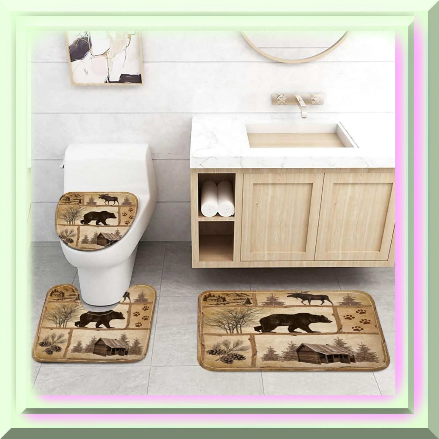 Rustic Cabin Bath Rug Set with Moose and Bear Designs