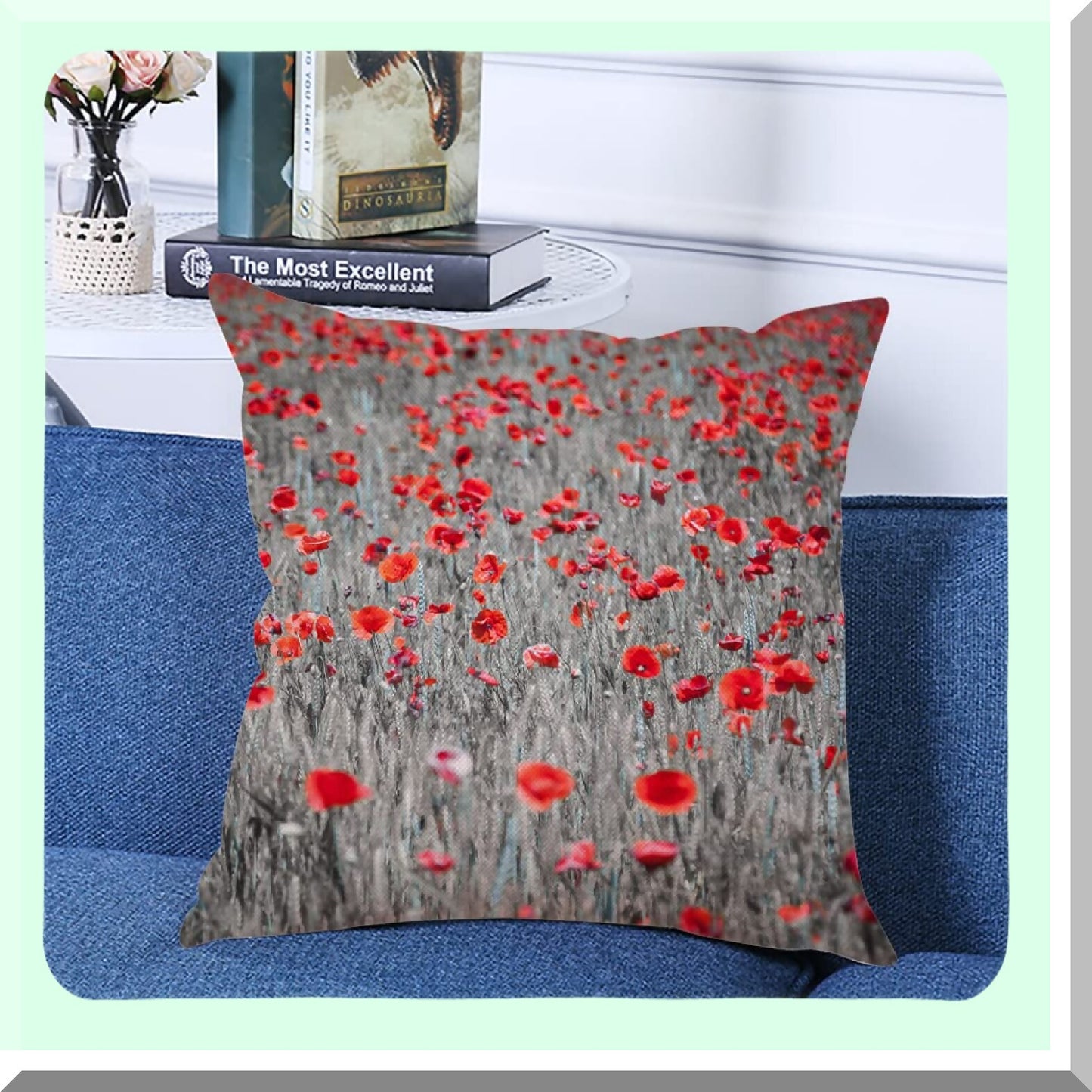 Poppy Bloom Square Pillow Covers - Red Floral Couch Sofa Bed Cushion Cases 18x18 inch - Decorative Flower Throw Pillow Covers