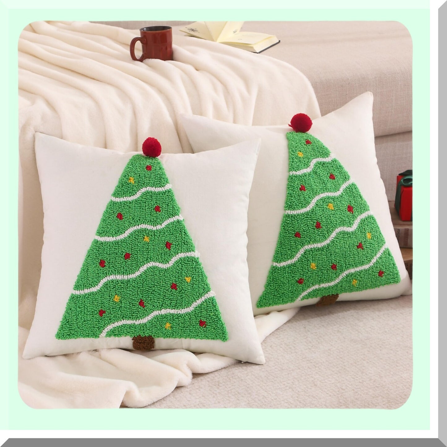 Green Tree Winter Holiday Pillow Covers - Set of 2 18x18 Inch Soft Cushion Cases for Sofa Couch Bed - Party Decorations for Living Room