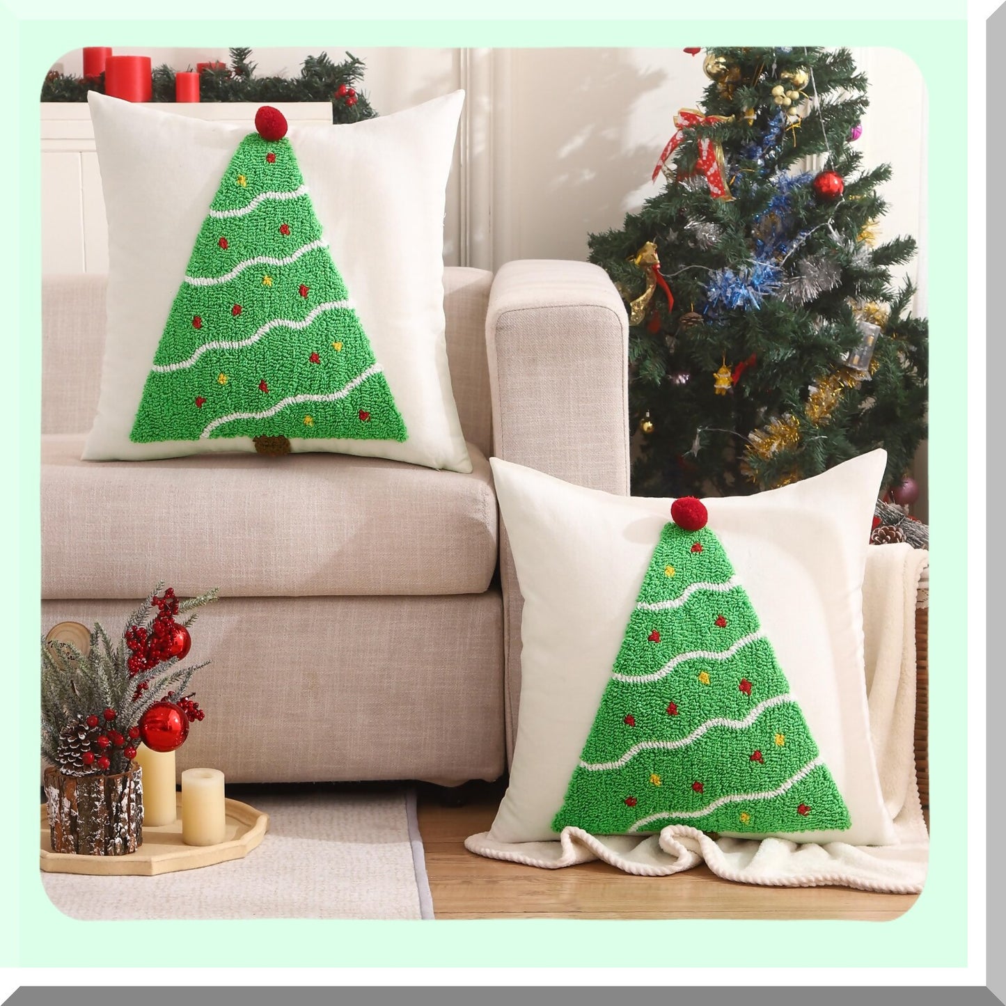 Green Tree Winter Holiday Pillow Covers - Set of 2 18x18 Inch Soft Cushion Cases for Sofa Couch Bed - Party Decorations for Living Room