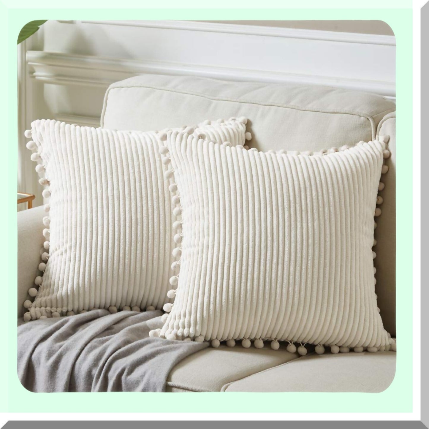 Pom-Pom Boho Chic Corduroy Pillow Cover Set - Soft Square Cushion Case for Couch, Sofa, Bedroom, Car, Living Room - Cream - 18x18 Inch