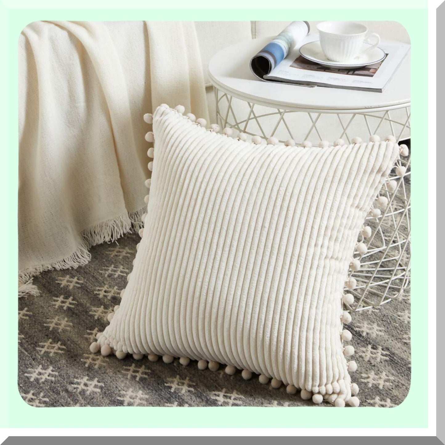 Pom-Pom Boho Chic Corduroy Pillow Cover Set - Soft Square Cushion Case for Couch, Sofa, Bedroom, Car, Living Room - Cream - 18x18 Inch