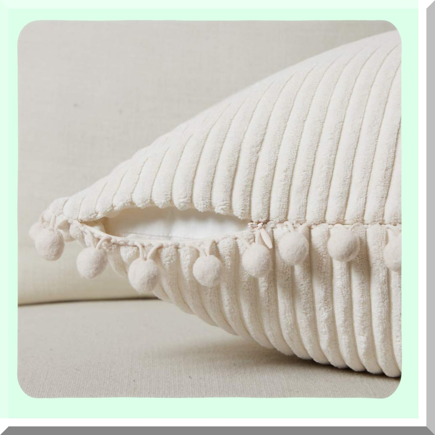 Pom-Pom Boho Chic Corduroy Pillow Cover Set - Soft Square Cushion Case for Couch, Sofa, Bedroom, Car, Living Room - Cream - 18x18 Inch