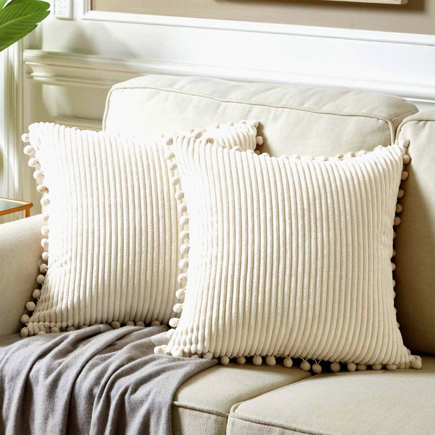 Pom-Pom Boho Chic Corduroy Pillow Cover Set - Soft Square Cushion Case for Couch, Sofa, Bedroom, Car, Living Room - Cream - 18x18 Inch