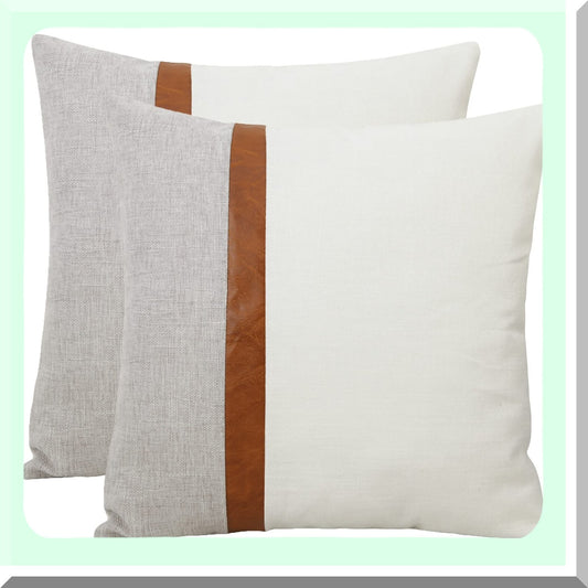 Slub Cotton Leather Throw Pillowcase Set - 20x20 Decorative Cushion Cover for Couch Sofa, White Grey - Pack of 2